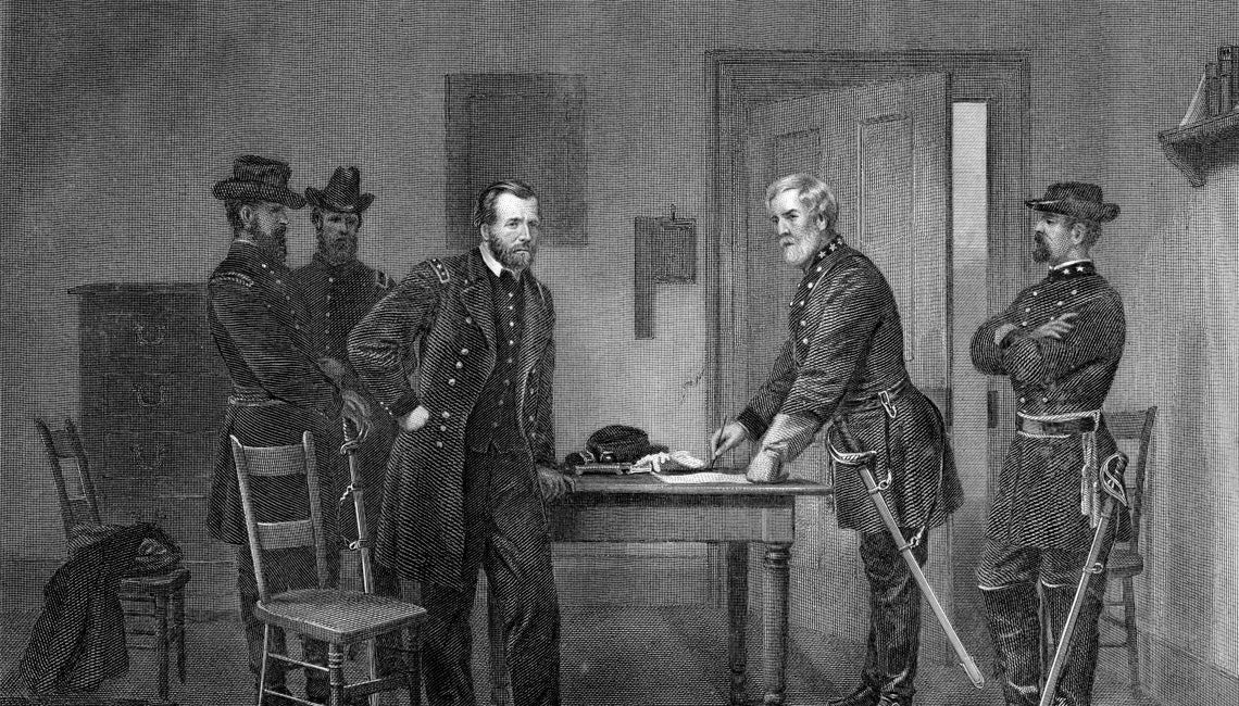 Grant vanquishing Lee at Appomattox Courthouse.