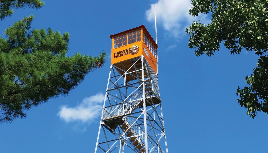 A fire tower in an Ohio forest