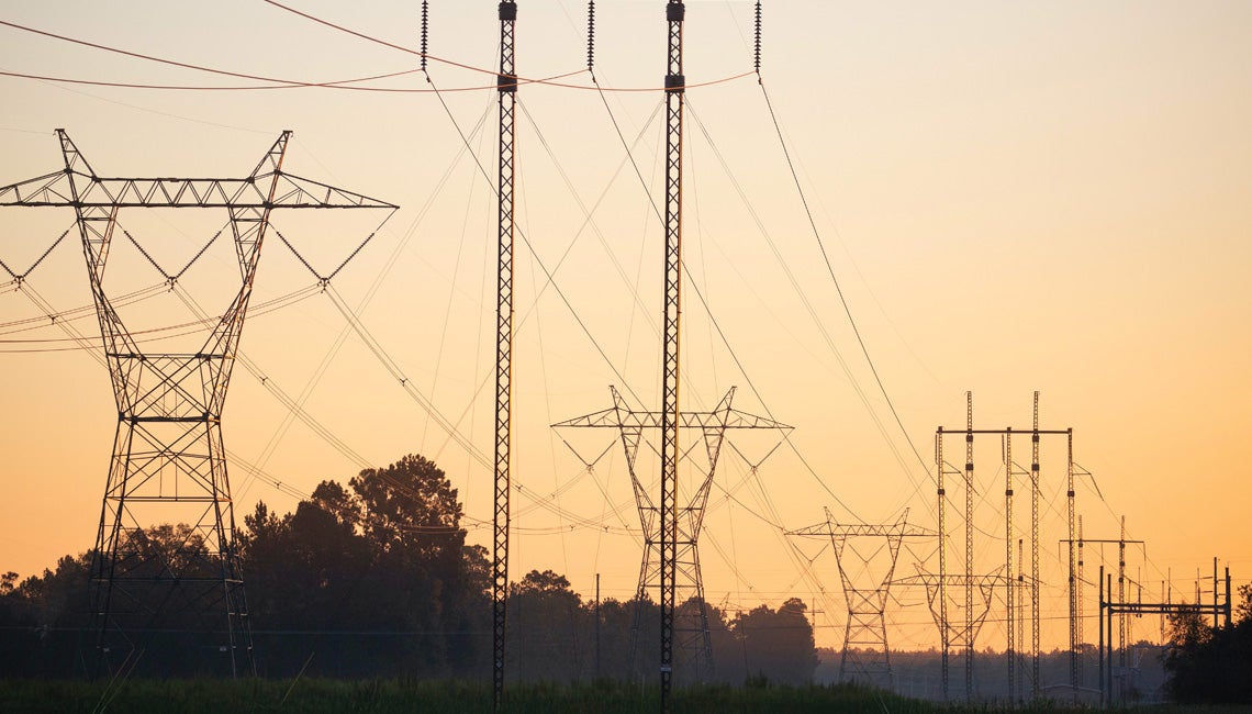 A sunset view of transmission lines