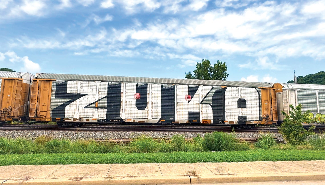 A graffitied train car