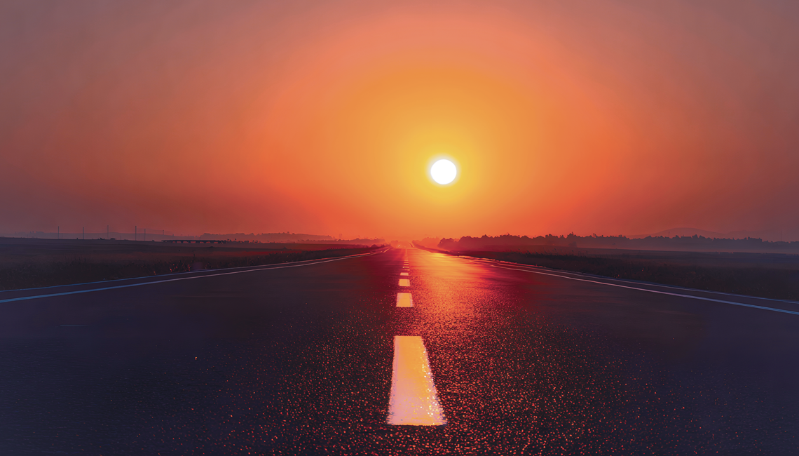An empty road at sunset
