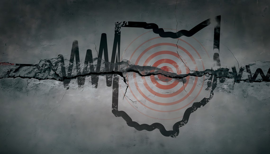 A graphic with an outline of the state of Ohio and an earthquake monitor