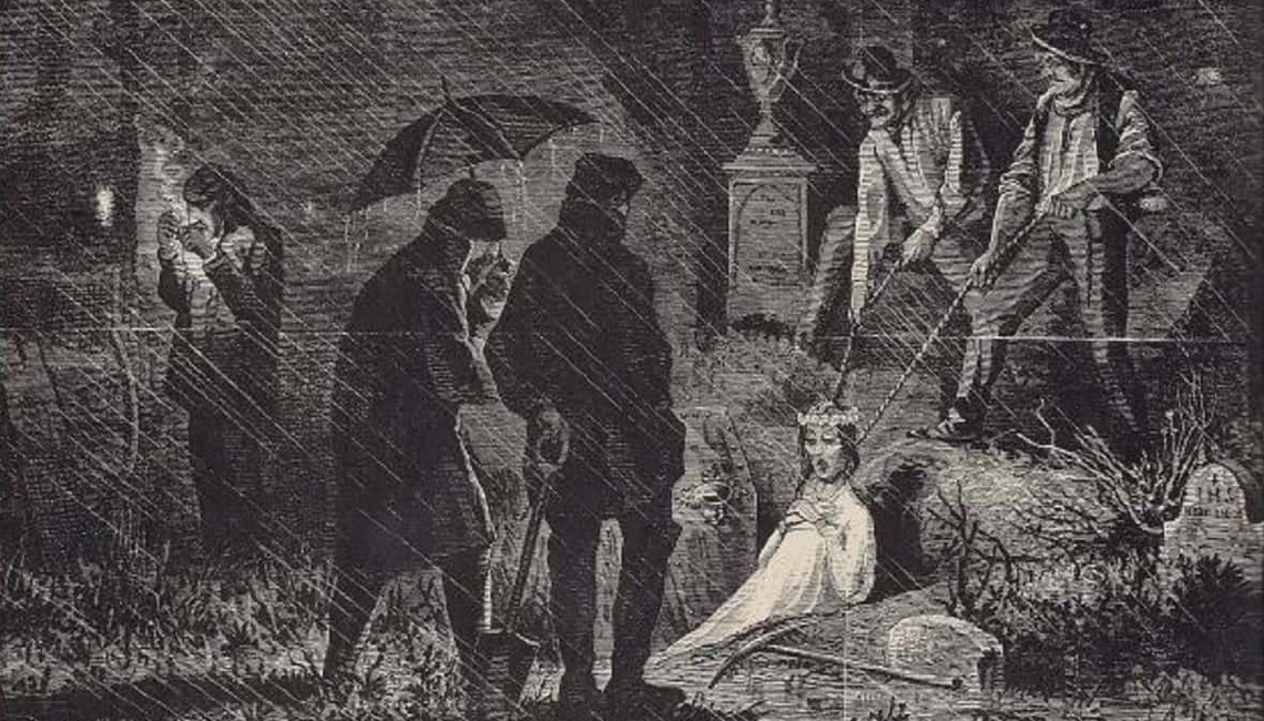 A black and white sketch of a graveyard scene
