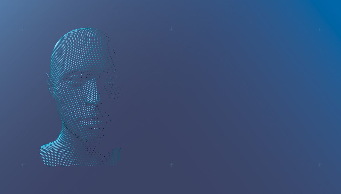 A blue background with an AI generated face