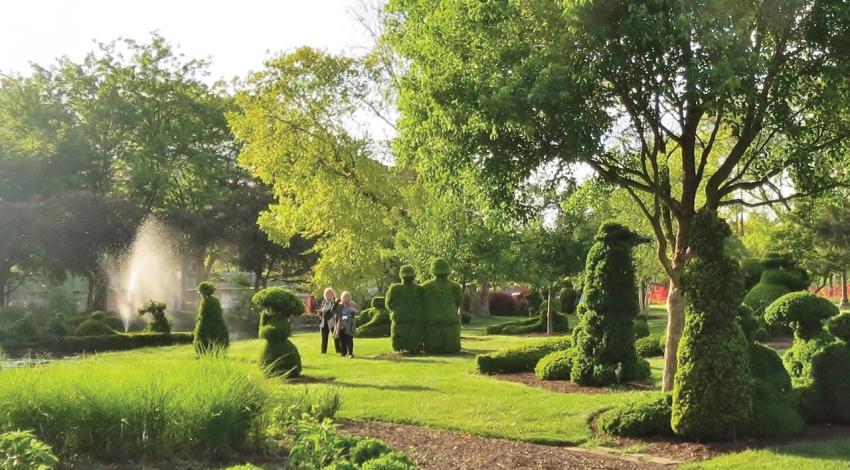 Multiple topiaries are pictured in the garden.