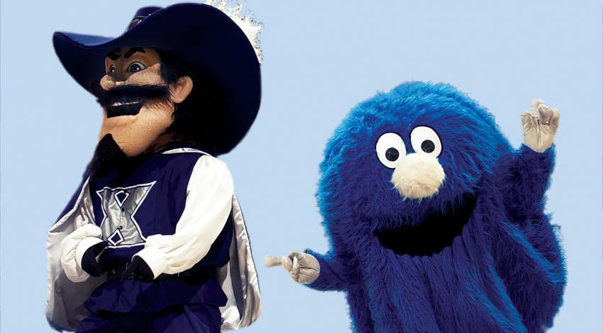 D’Artagnan and the Big Blue Blob cheer on the Xavier University Musketeers at sporting events.