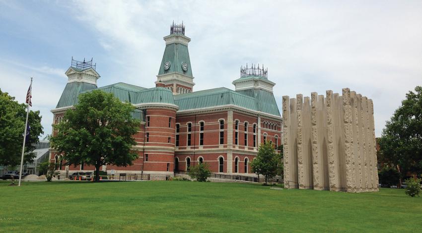 Two stunning architectural works, side-by-side in Columbus: The Bartholomew County Courthouse and Veterans Memorial are must-sees on a tour of the city.