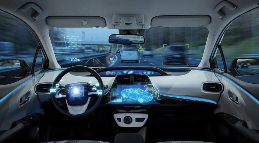 The inside of a futuristic car.