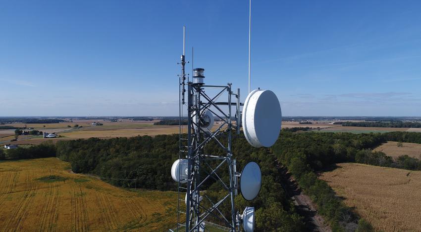 A picture of the top of the 140-foot-tall communications tower by drone.