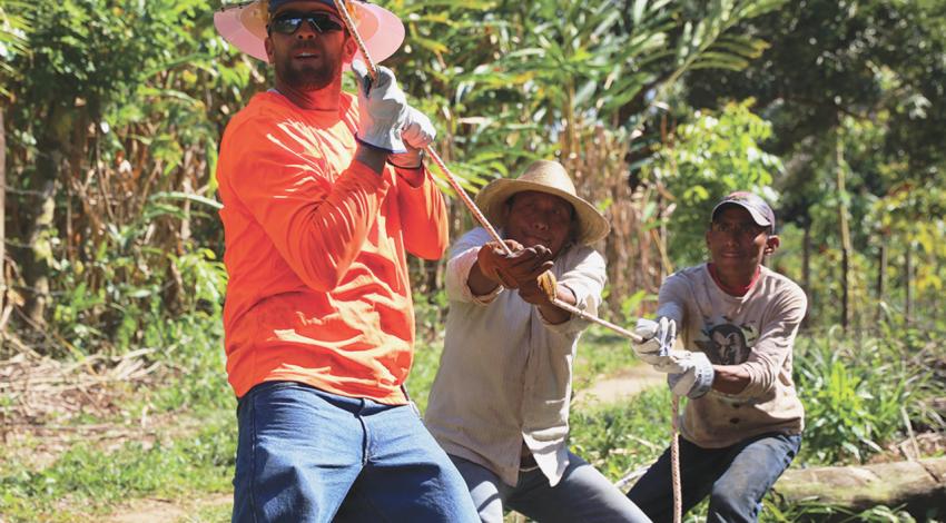 Three men hold tight to a rope.