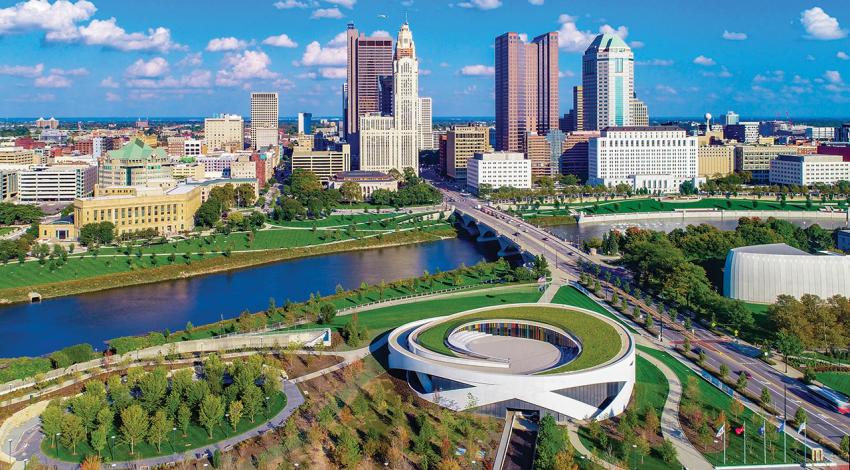 An aerial view of the city of Columbus.