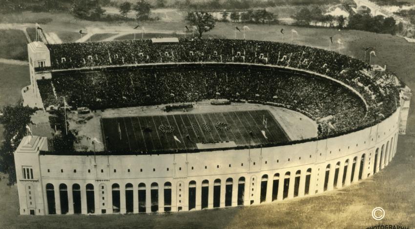 The stadium is affectionately nicknamed “the ’Shoe” for its original horseshoe-shaped outline. 