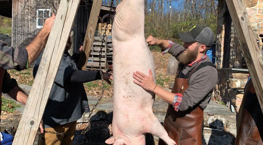 Co-owner Andy Lane of Hand Hewn Farm shows the latest class of would-be butchers the first steps in the process (photo by Margie Wuebker)