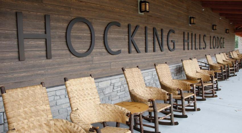 The Hocking Hills State Park Lodge has an inviting air, with its rocking chair-lined porch.