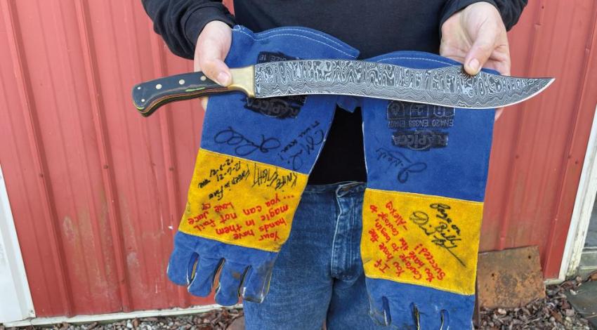 Bill Pyles taught himself the art of steel blademaking while he recuperated from surgery, and ended up as a champion on the competition series Forged in Fire, thanks to Damascus steel blades he created such as the one above.