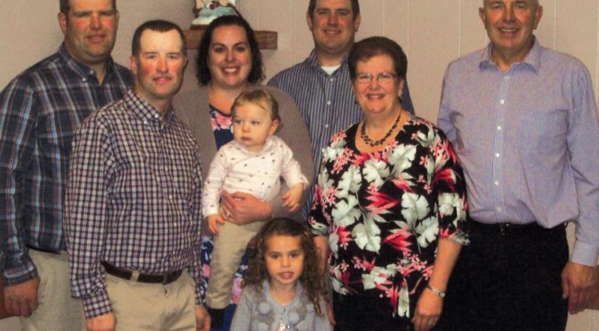The Wuebker family (from left): Gary, Brad, Angela (holding Levi with Ava in front), Todd, Nancy, and John.