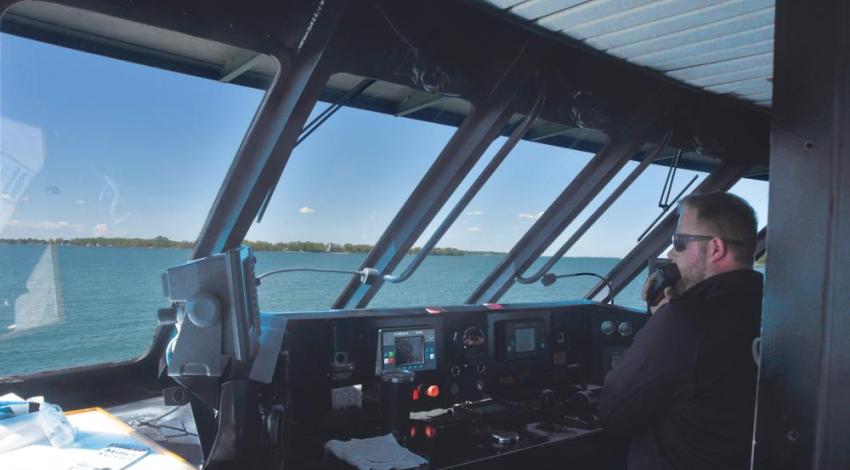 The captain of a ferry's view of the lake.