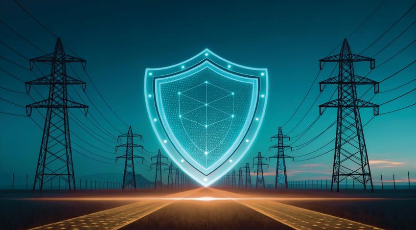 A night time view of transmission lines and a shield