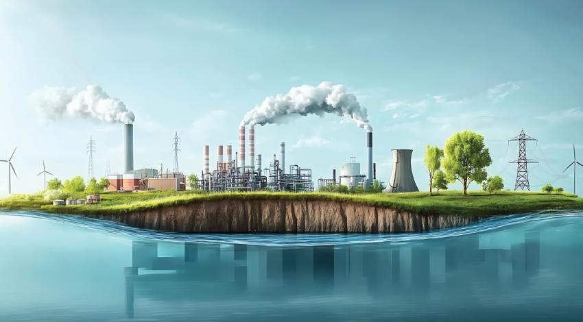 A graphic of land with various power generation sources