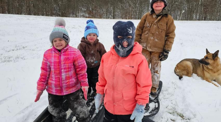 kids standing on sleds in snow with dog