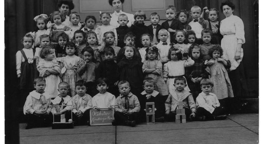 black-and-white class photo of young children