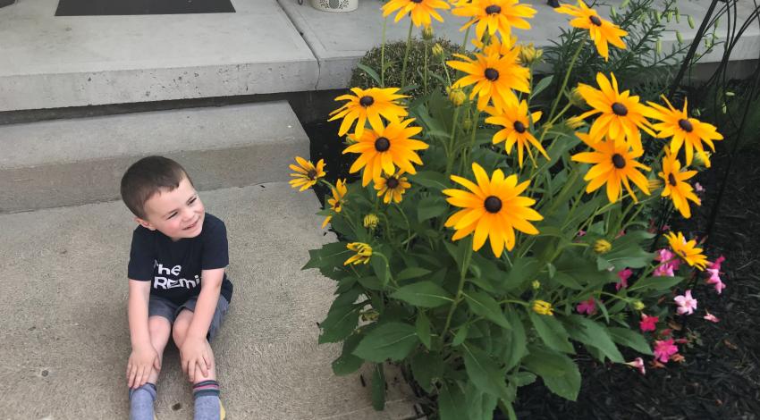 little boy by black-eyed Susans