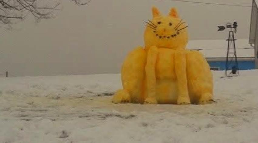 cat sculpture made of snow