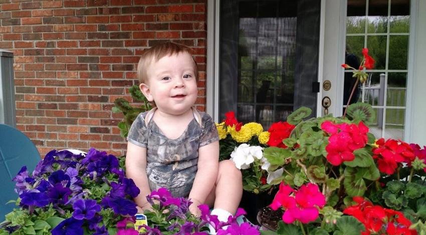 little boy by flowers