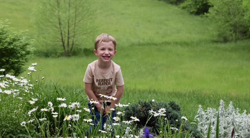 little boy with white and purple flowers