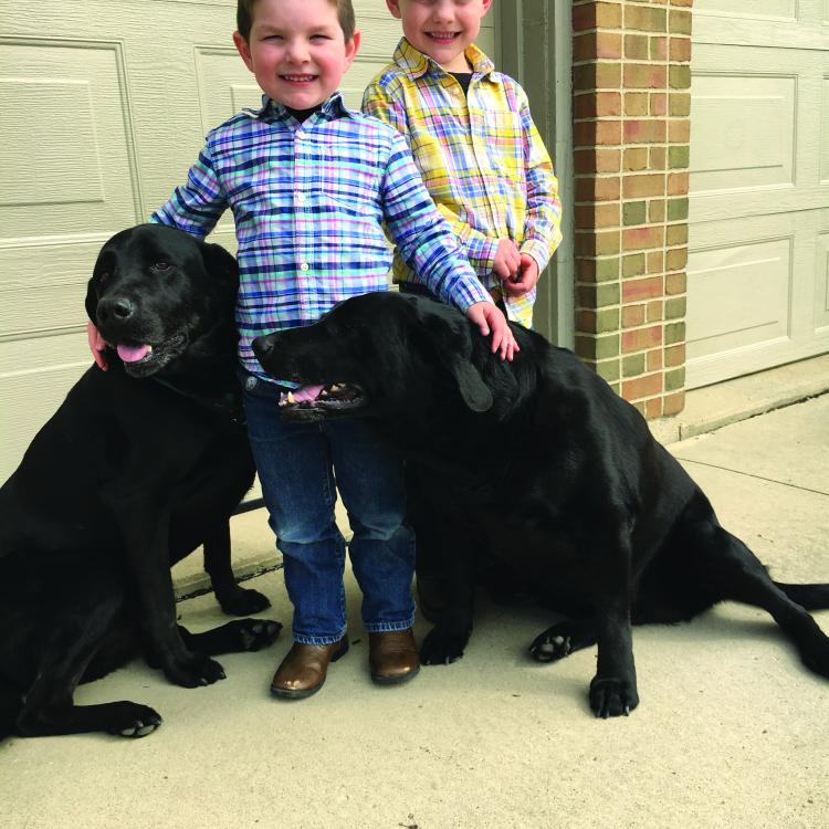 two boys with two black dogs
