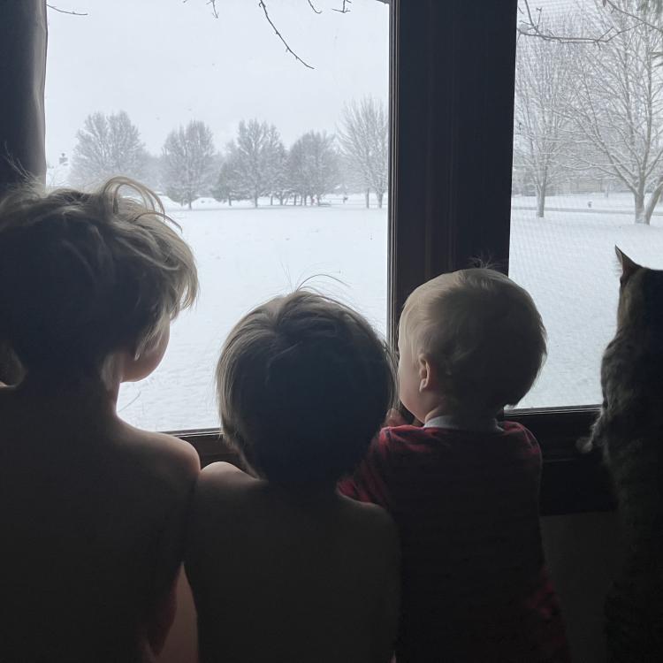 children and cat looking at snow through window