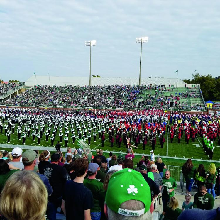 Marching bands on football field