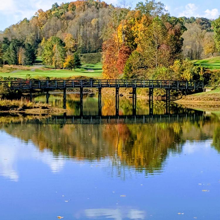 fall trees reflecting on lake with bridge