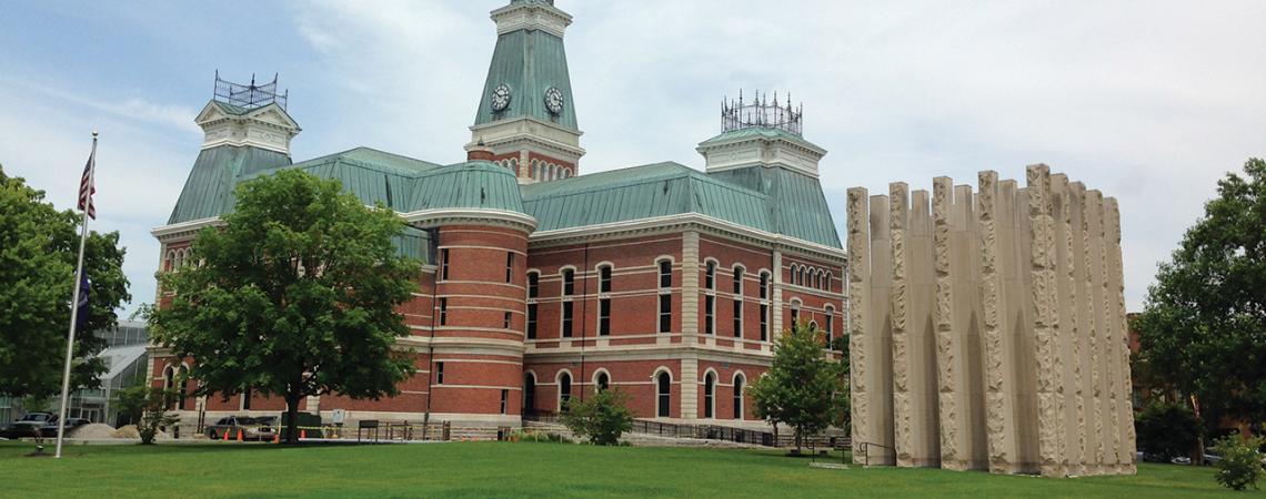 Two stunning architectural works, side-by-side in Columbus: The Bartholomew County Courthouse and Veterans Memorial are must-sees on a tour of the city.