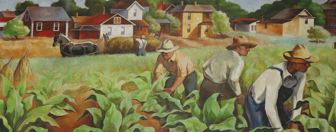 A mural displays tobacco harvesting.