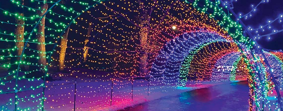 A 30-foot light tunnel greets visitors as they head outside to check out the glittering, twinkling outdoor displays on the grounds.