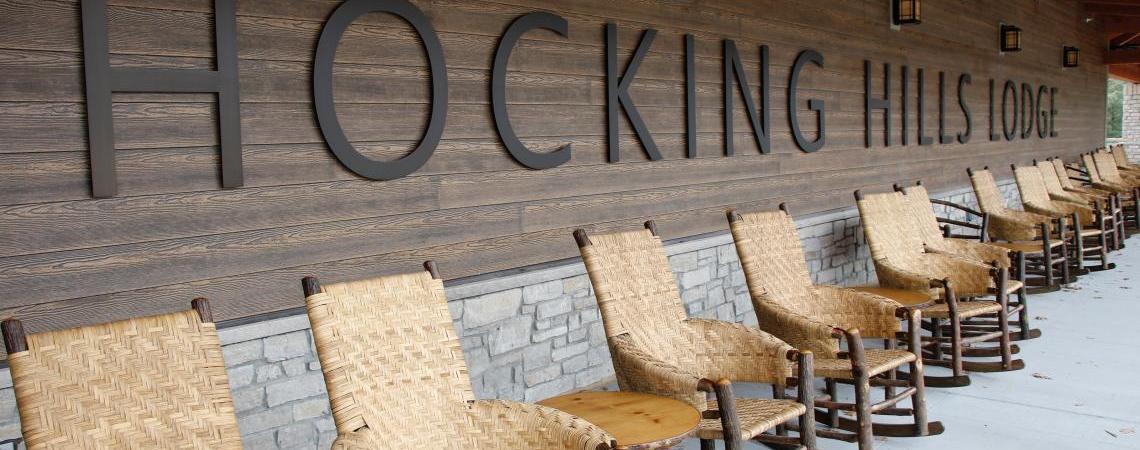 The Hocking Hills State Park Lodge has an inviting air, with its rocking chair-lined porch.