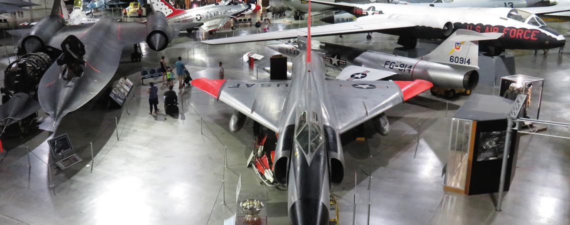 An overview of one of the hangar galleries featuring a variety of aircraft at the National Museum of the U.S. Air Force in Dayton