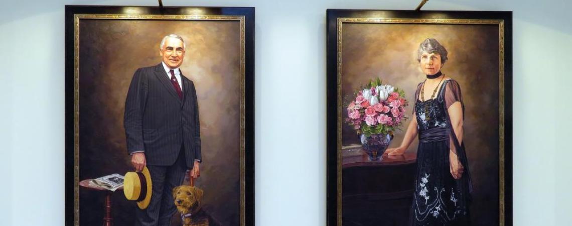 Paintings of Warren and Florence Harding that hang side by side near the entrance of the Warren G. Harding Presidential Library and Museum in Marion