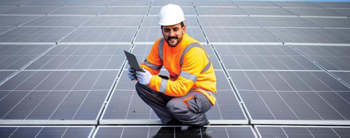 A solar tech posing on a solar array