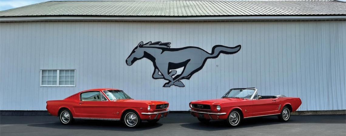 Two historic Mustangs parked in front of a building.