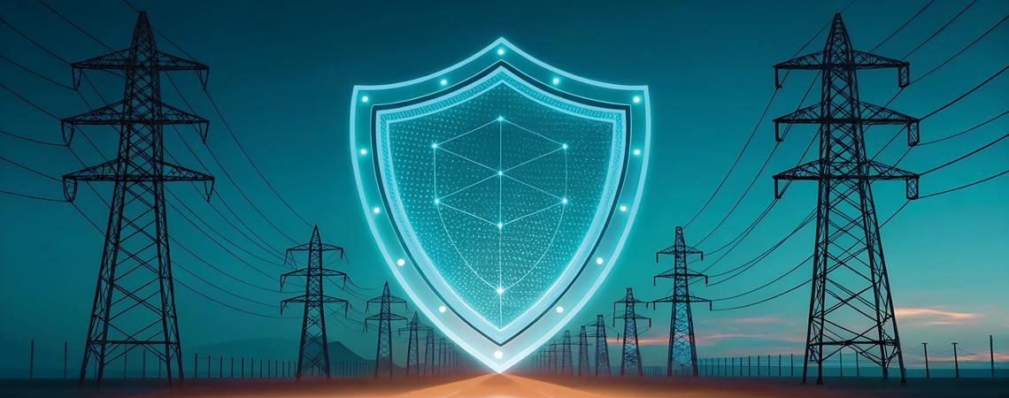 A night time view of transmission lines and a shield