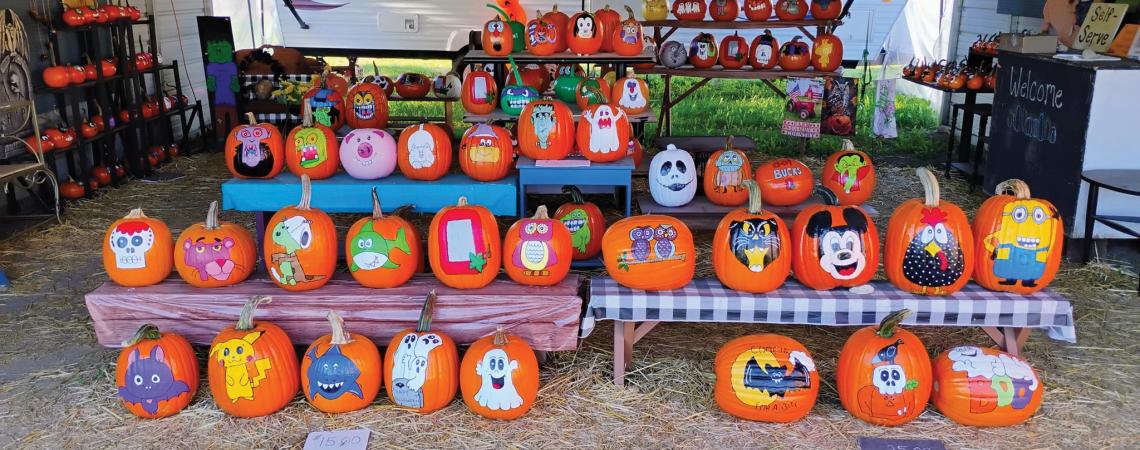 A stand of hand-painted pumpkins