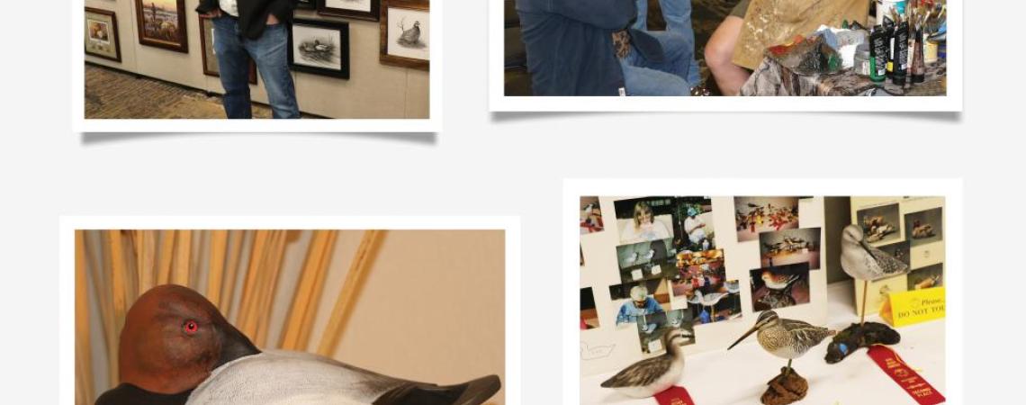 Four photos of people painting duck decoys that are entered into competitions.