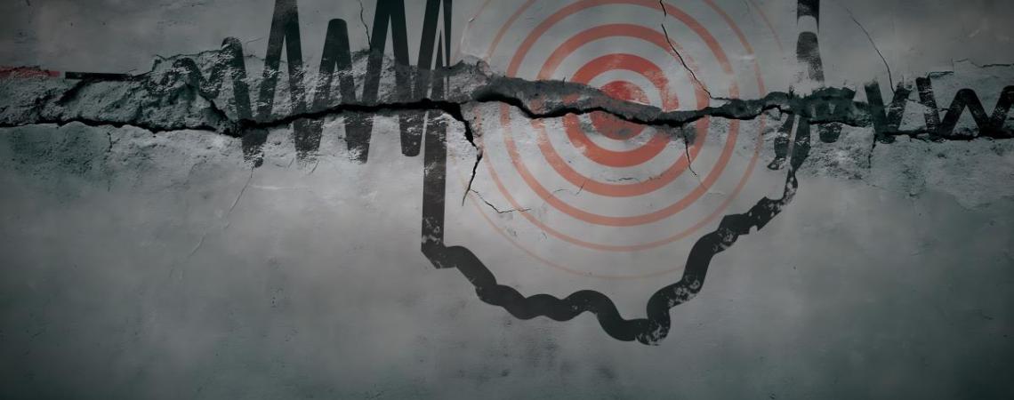 A graphic with an outline of the state of Ohio and an earthquake monitor