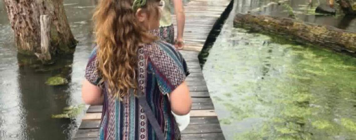 Two girls walking on a boardwalk over a spring in the woods