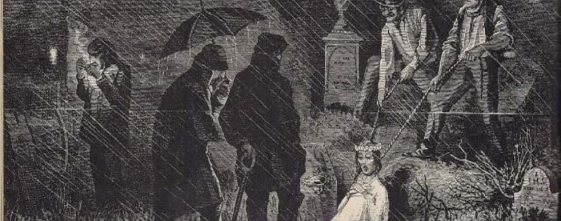 A black and white sketch of a graveyard scene