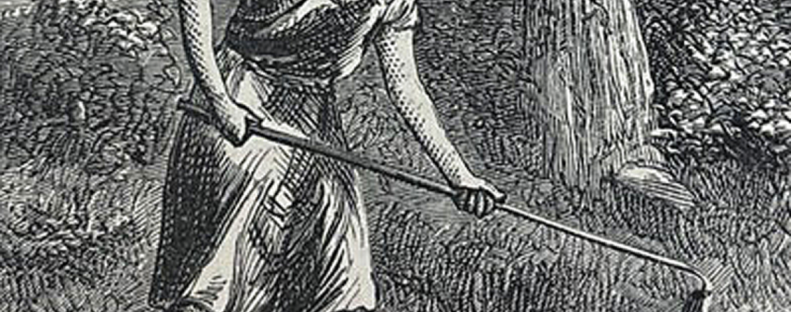 A black and white drawing of Johnny Appleseed