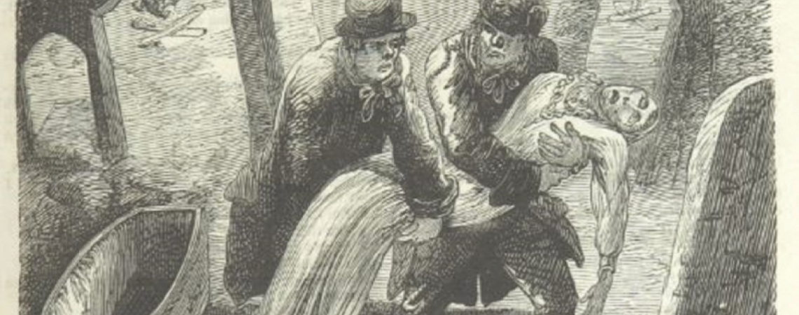 A black and white sketch of a graveyard scene